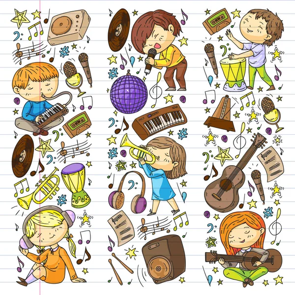 Les enfants jouent de la musique. Éducation musicale, théâtre, école . — Image vectorielle