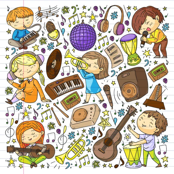 Děti hrají hudbu. Hudební výchova, divadlo, škola. — Stockový vektor