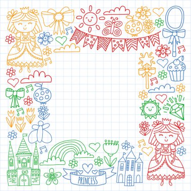 Küçük kızlar için vektör deseni. Mutlu Doğum günü partisi için Prenses illüstrasyon.