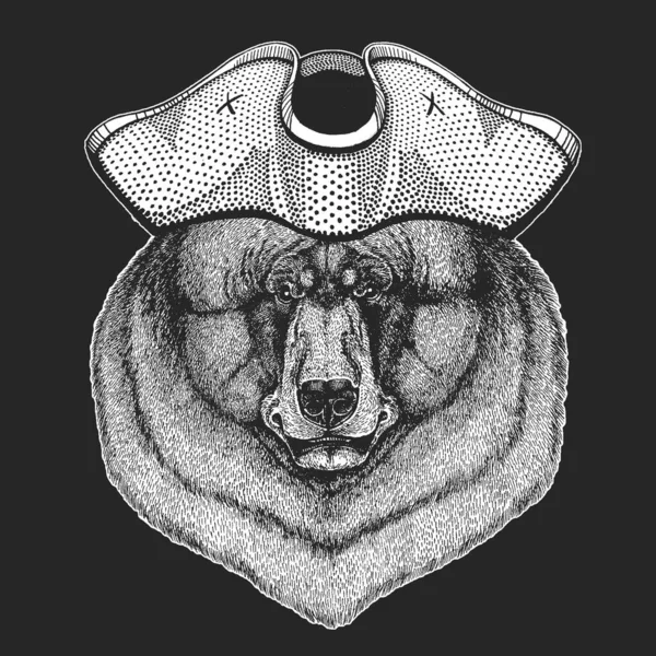 Dziki niedźwiedź. Piracki kapelusz. Portret zwierzęcia na godło, logo, koszulka. — Wektor stockowy