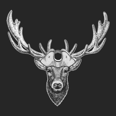 Geyik portresi. Korsan şapkalı. Vahşi hayvanların başı..