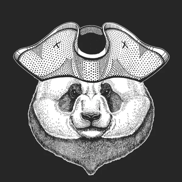 Grand panda, portrait d'ours en bambou. Chapeau de pirate. Visage d'animal mignon. Tête d'ours . — Image vectorielle