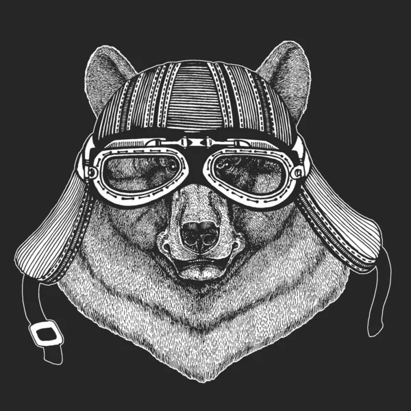 Wild bear. Vintage leather motorcycle helmet. Portrait of animal for emblem, logo, tee shirt. — Stock Vector