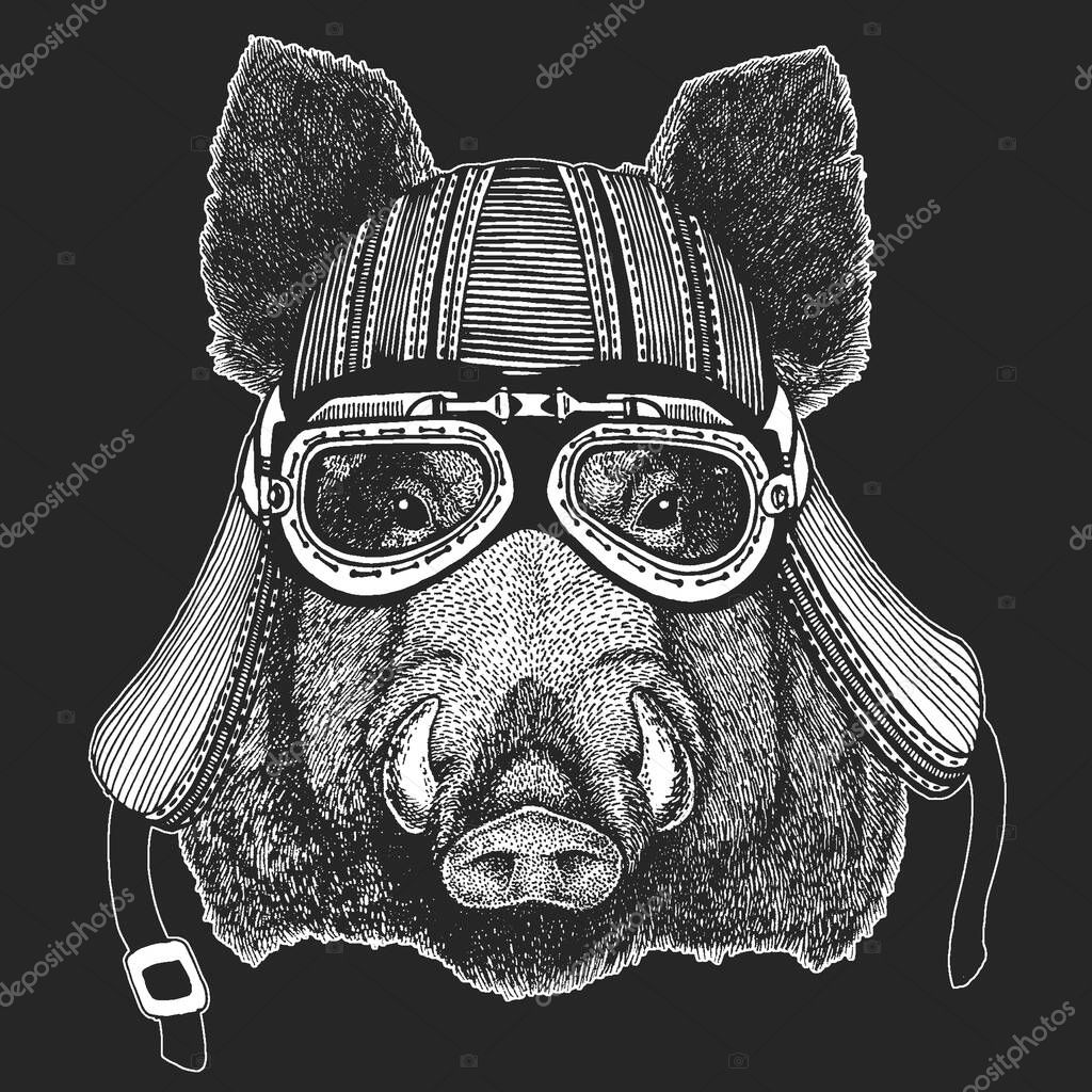 Vintage leather motorcycle helmet. Biker emblem, logo with wild animal.