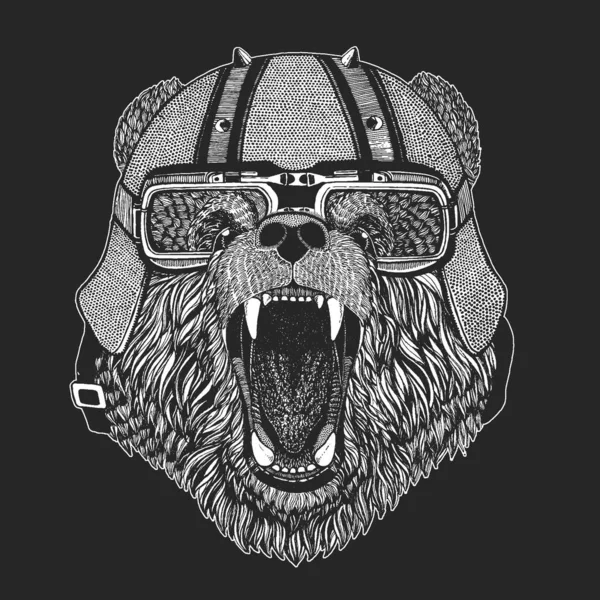 Dziki niedźwiedź. Klasyczny skórzany kask motocyklowy. Portret zwierzęcia na godło, logo, koszulka. — Wektor stockowy