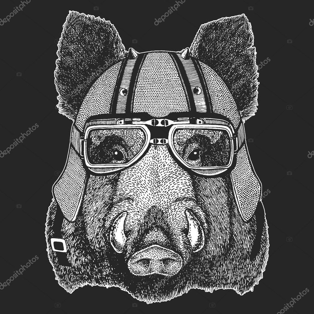 Vintage motorcycle leather helmet. Biker emblem, logo with wild animal.