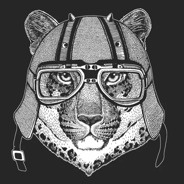 豹子，美洲豹脸。老式摩托车皮革头盔。野生动物的肖像. — 图库矢量图片