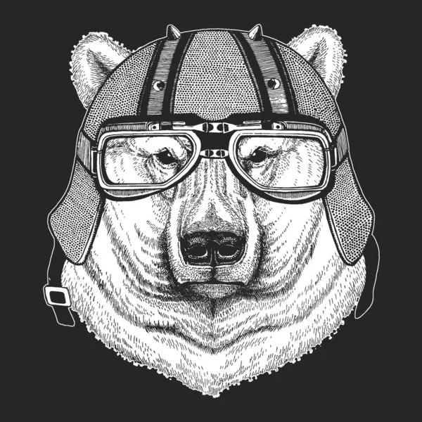 Portret niedźwiedzia polarnego. Klasyczny skórzany kask motocyklowy. Głowa dzikiego zwierzęcia — Wektor stockowy