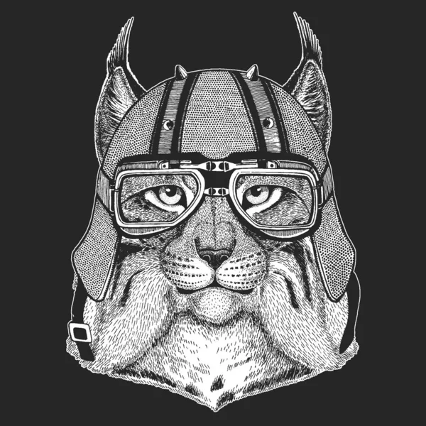 Lynx, lynx, portrait de trot. Casque vintage en cuir de moto. Tête de chat sauvage. Visage animal . — Image vectorielle