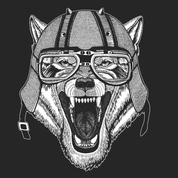 オオカミの肖像画。ヴィンテージバイクレザーヘルメット。野生動物の頭. — ストックベクタ