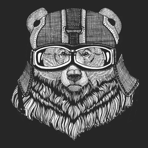 Urso Grizzly. Capacete de couro de motocicleta vintage. Retrato de animal selvagem . — Vetor de Stock