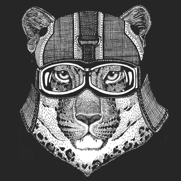 Leopardo, cara de jaguar. Capacete de couro de motocicleta vintage. Retrato de animal selvagem . —  Vetores de Stock