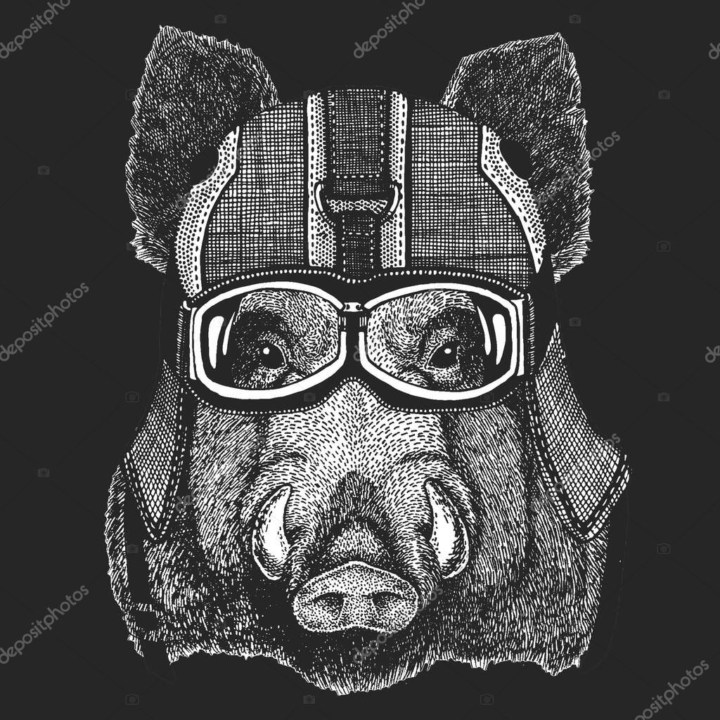 Vintage motorcycle leather helmet. Biker emblem, logo with wild animal.