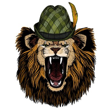 Timsah. Afro saldırgan bir hayvanın portresi. Avusturya bavyera tirol şapkası. Bira festivali. Ekim Festivali.