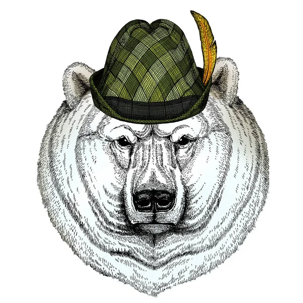 Polar bear portrait. Austrian bavarian tirol hat. Beer festival. Oktoberfest. Head of wild animal — Stock Photo, Image