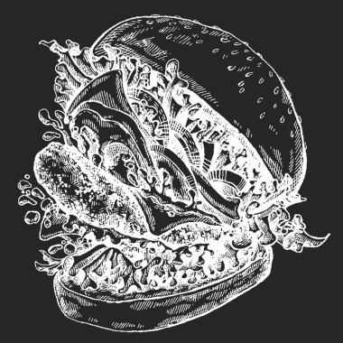 - Burger. Menü, restoran, internet yemek teslimatı için vektör illüstrasyonu. Jambonlu sandviç, biftek, ekmek. Amerikan fast food.