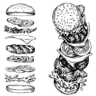 - Burger. Menü, restoran, internet yemek teslimatı için vektör illüstrasyonu. Jambonlu sandviç, biftek, ekmek. Amerikan fast food.