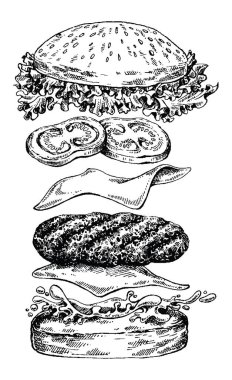 - Burger. Menü, restoran, internet yemek teslimatı için vektör illüstrasyonu. Jambonlu sandviç, biftek, ekmek. Amerikan fast food.