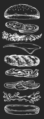- Burger. Menü, restoran, internet yemek teslimatı için vektör illüstrasyonu. Jambonlu sandviç, biftek, ekmek. Amerikan fast food.