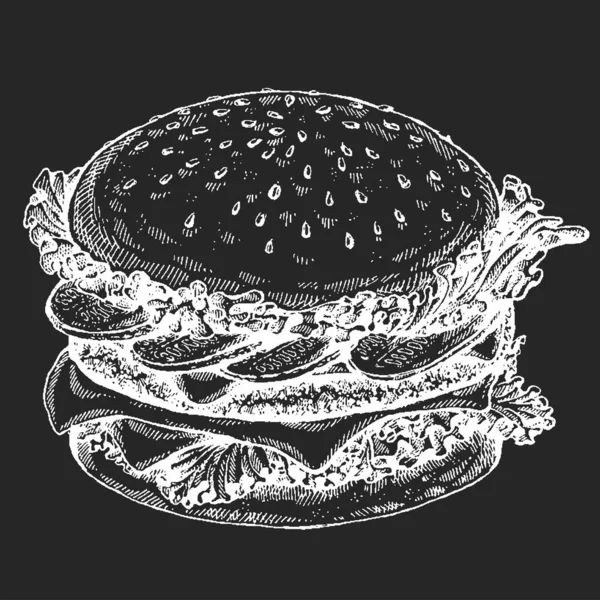Hambúrguer. Ilustração vetorial para menu, restaurante, entrega de comida na internet. Sanduíche com presunto, bife, pão. Fast food americano . — Vetor de Stock