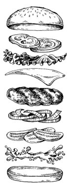 - Burger. Menü, restoran, internet yemek teslimatı için vektör illüstrasyonu. Jambonlu sandviç, biftek, ekmek. Amerikan fast food.