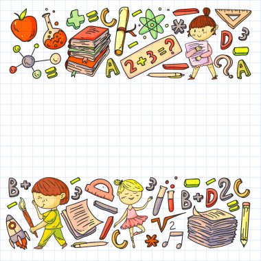 Sevimli okul çocukları. Hayal gücü ve yaratıcılık. Çal ve öğren, şarkı söyle, dans et, oku, çizim yap.