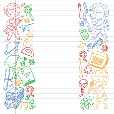 Sevimli okul çocukları. Hayal gücü ve yaratıcılık. Çal ve öğren, şarkı söyle, dans et, oku, çizim yap.