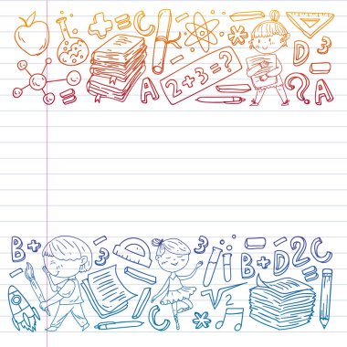 Sevimli okul çocukları. Hayal gücü ve yaratıcılık. Çal ve öğren, şarkı söyle, dans et, oku, çizim yap.