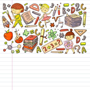 Sevimli okul çocukları. Hayal gücü ve yaratıcılık. Çal ve öğren, şarkı söyle, dans et, oku, çizim yap.