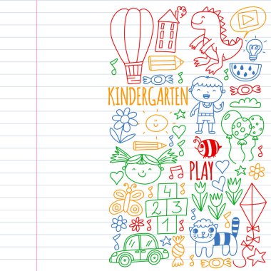 Bebekler için çevrimiçi eğitim. İnternetteki çocuklar için dersler. Anaokulu afişleri için vektör deseni, ay, gezegen, uzay gemisi, roket, güneş, meyve, ev, çiçek posterleri.