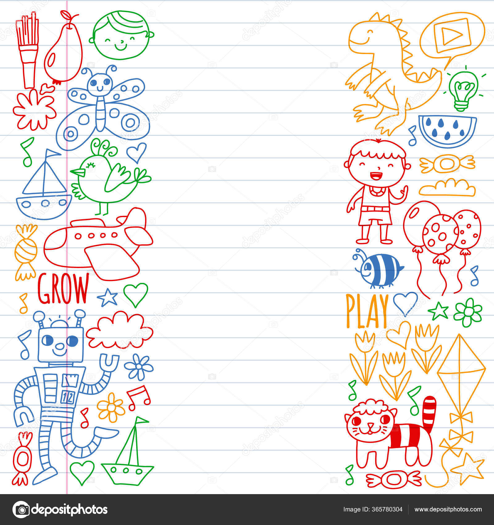 Educación en línea para niños pequeños. Lecciones para niños en internet.  Patrón vectorial para pancartas de jardín de infantes, carteles con luna,  planeta, nave espacial, cohete, sol, frutas, casa, flores . Vector, image size:1600x1700