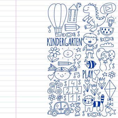 Anaokulu afişleri için vektör deseni, ay, gezegen, uzay gemisi, roket, güneş, meyve, ev, çiçek posterleri. Yaratıcılık ve hayal gücü.