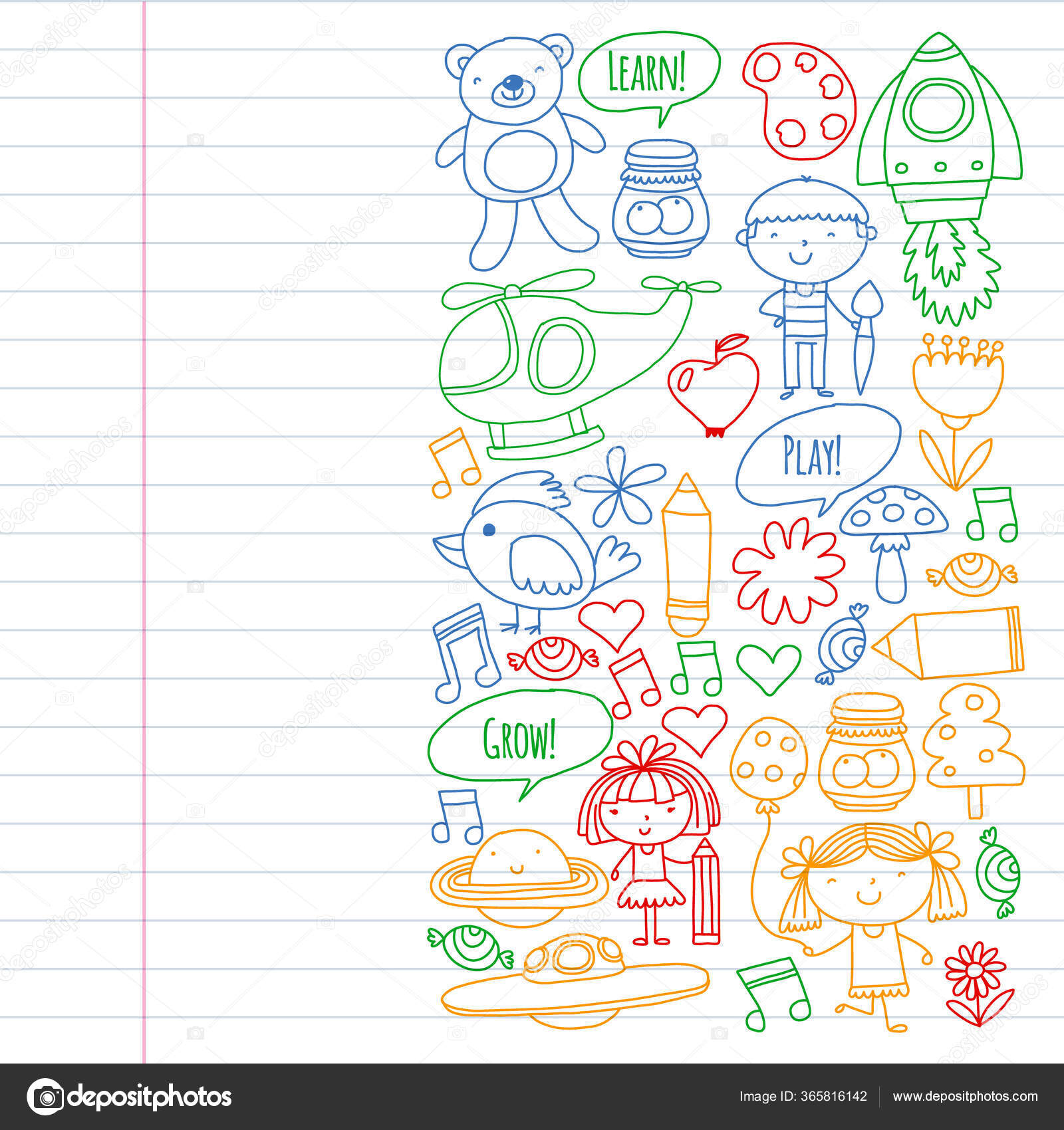 Educación en línea para niños pequeños. Lecciones para niños en internet.  Patrón vectorial para pancartas de jardín de infantes, carteles con luna,  planeta, nave espacial, cohete, sol, frutas, casa, flores . Vector, image size:1600x1700