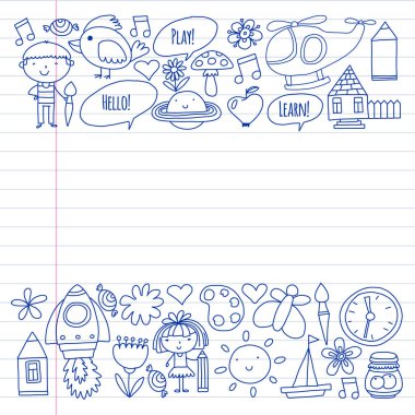 Küçük çocuklar ile vektör deseni. Anaokulu, oyun ve birlikte büyümek. Doodle tarzında oyuncaklar ve çocuklar simgeleri