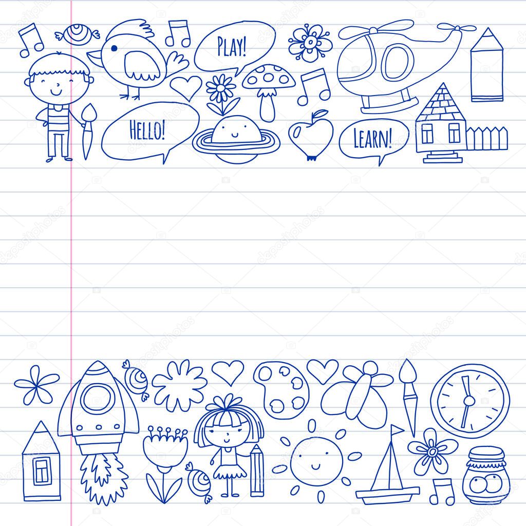 Vector pattern with little children. Kindergarten, play and grow together.
