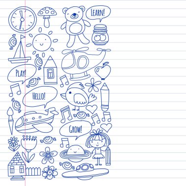 Küçük çocuklar ile vektör deseni. Anaokulu, oyun ve birlikte büyümek. Doodle tarzında oyuncaklar ve çocuklar simgeleri