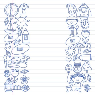 Küçük çocuklar ile vektör deseni. Anaokulu, oyun ve birlikte büyümek. Doodle tarzında oyuncaklar ve çocuklar simgeleri