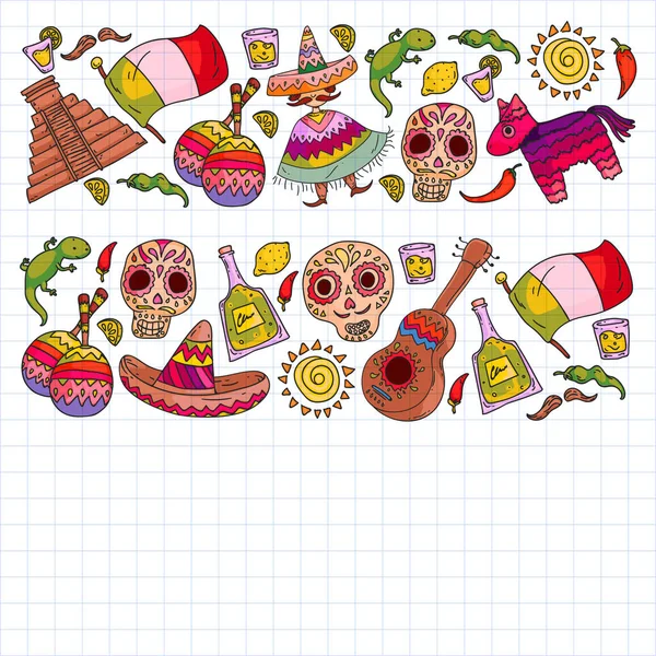 Travel to Mexico. Vector set with ethnic elemets for wallpapers, backgrounds. Day of the Dead — Stock Vector
