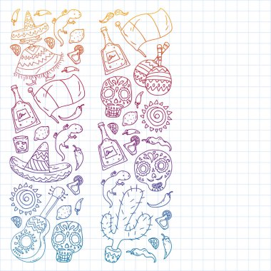 Meksika 'ya seyahat. Vektör duvar kağıtları, arka planlar için etnik elemets ile ayarlayın. Ölü günü