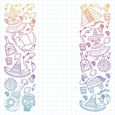 Meksika 'ya seyahat. Vektör duvar kağıtları, arka planlar için etnik elemets ile ayarlayın. Ölü günü