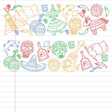 Meksika 'ya seyahat. Vektör duvar kağıtları, arka planlar için etnik elemets ile ayarlayın. Ölü günü