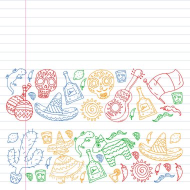 Meksika 'ya seyahat. Vektör duvar kağıtları, arka planlar için etnik elemets ile ayarlayın. Ölü günü