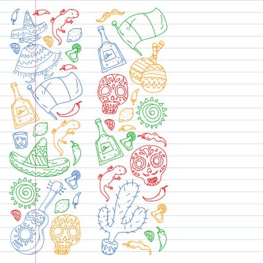 Meksika 'ya seyahat. Vektör duvar kağıtları, arka planlar için etnik elemets ile ayarlayın. Ölü günü