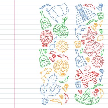 Meksika 'ya seyahat. Vektör duvar kağıtları, arka planlar için etnik elemets ile ayarlayın. Ölü günü