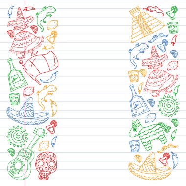 Meksika 'ya seyahat. Vektör duvar kağıtları, arka planlar için etnik elemets ile ayarlayın. Ölü günü