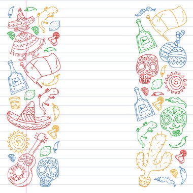 Meksika 'ya seyahat. Vektör duvar kağıtları, arka planlar için etnik elemets ile ayarlayın. Ölü günü