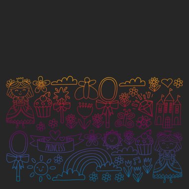 Küçük kızlar için vektör deseni. Mutlu doğum günü partisi için Prenses illüstrasyon. Kara tahta tebeşir illüstrasyon