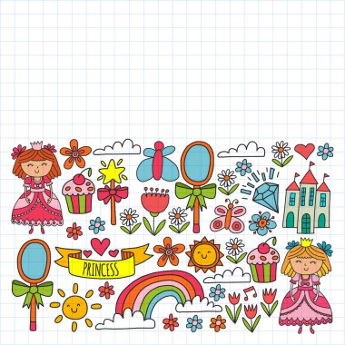 Küçük kızlar için vektör deseni. Mutlu doğum günü partisi için Prenses illüstrasyon. Kara tahta tebeşir illüstrasyon