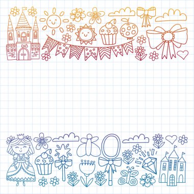 Küçük kızlar için vektör deseni. Mutlu doğum günü partisi için Prenses illüstrasyon. Kara tahta tebeşir illüstrasyon