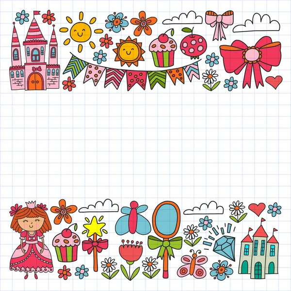 Vektormuster für kleine Mädchen. Prinzessin Illustration für Happy Birthday Party. Tafelkreide — Stockvektor
